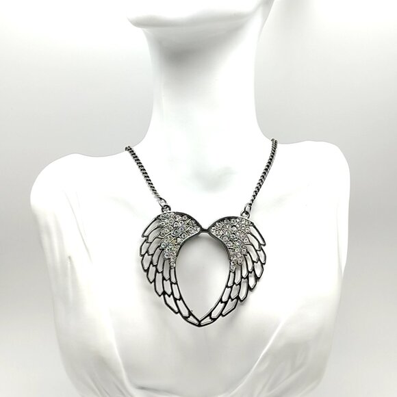 Rhinestone Angel Wing Open Heart Necklace Silver Tone Statement Pendant Chain - Picture 9 of 16